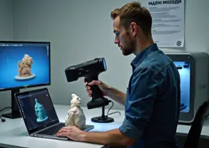 Техник в мастерской использует ручной 3D‑сканер для сканирования скульптуры; на ноутбуке видна 3D‑сетка, на заднем плане 3D‑принтер и ценник на стене