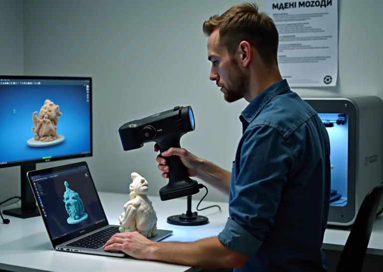 Техник в мастерской использует ручной 3D‑сканер для сканирования скульптуры; на ноутбуке видна 3D‑сетка, на заднем плане 3D‑принтер и ценник на стене