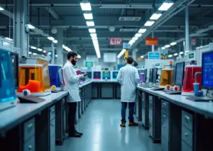 Интерьер современной 3D‑фермы с рядом принтеров, оператором и дисплеями управления флотом устройств