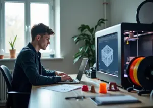 Дизайнер за ноутбуком с 3D‑моделью, распечатанные детали, лист с техническим заданием на русском языке, принтер и измерительные инструменты на рабочем столе