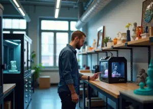 Малый цех 3D‑печати в России с оператором, принтерами, образцами изделий и фирменной вывеской франчайзера