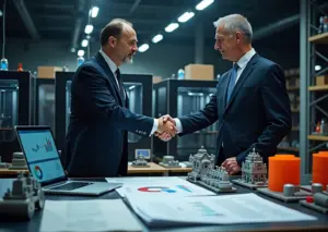 Рукопожатие покупателя и продавца в мастерской 3D‑печати на фоне принтеров, деталей и договоров