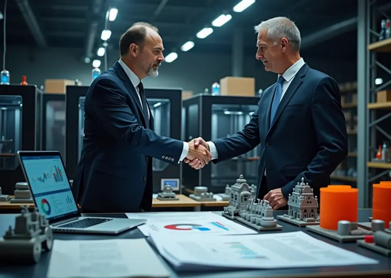 Рукопожатие покупателя и продавца в мастерской 3D‑печати на фоне принтеров, деталей и договоров