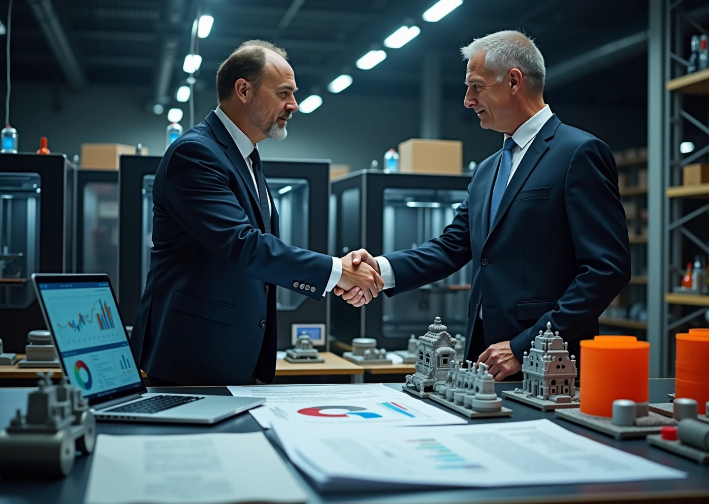 Рукопожатие покупателя и продавца в мастерской 3D‑печати на фоне принтеров, деталей и договоров