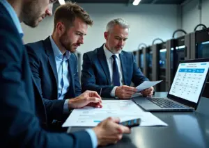 Современные 3D‑принтеры в мастерской и договор лизинга на столе, люди обсуждают условия сделки