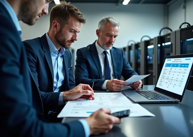 Современные 3D‑принтеры в мастерской и договор лизинга на столе, люди обсуждают условия сделки