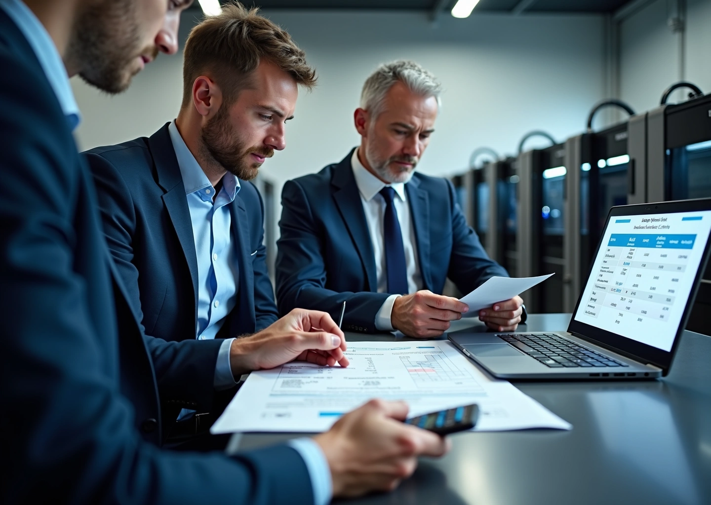 Современные 3D‑принтеры в мастерской и договор лизинга на столе, люди обсуждают условия сделки