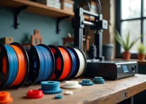 Катушки цветных филаментов с кириллическими этикетками на рабочем столе рядом с 3D‑принтером и напечатанными прототипами