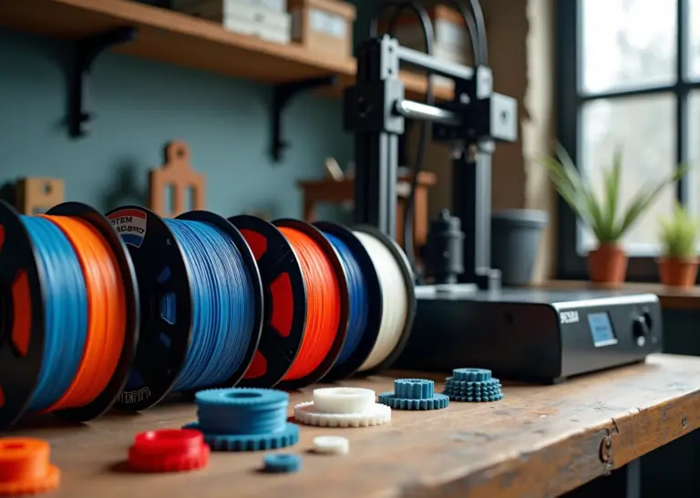 Катушки цветных филаментов с кириллическими этикетками на рабочем столе рядом с 3D‑принтером и напечатанными прототипами