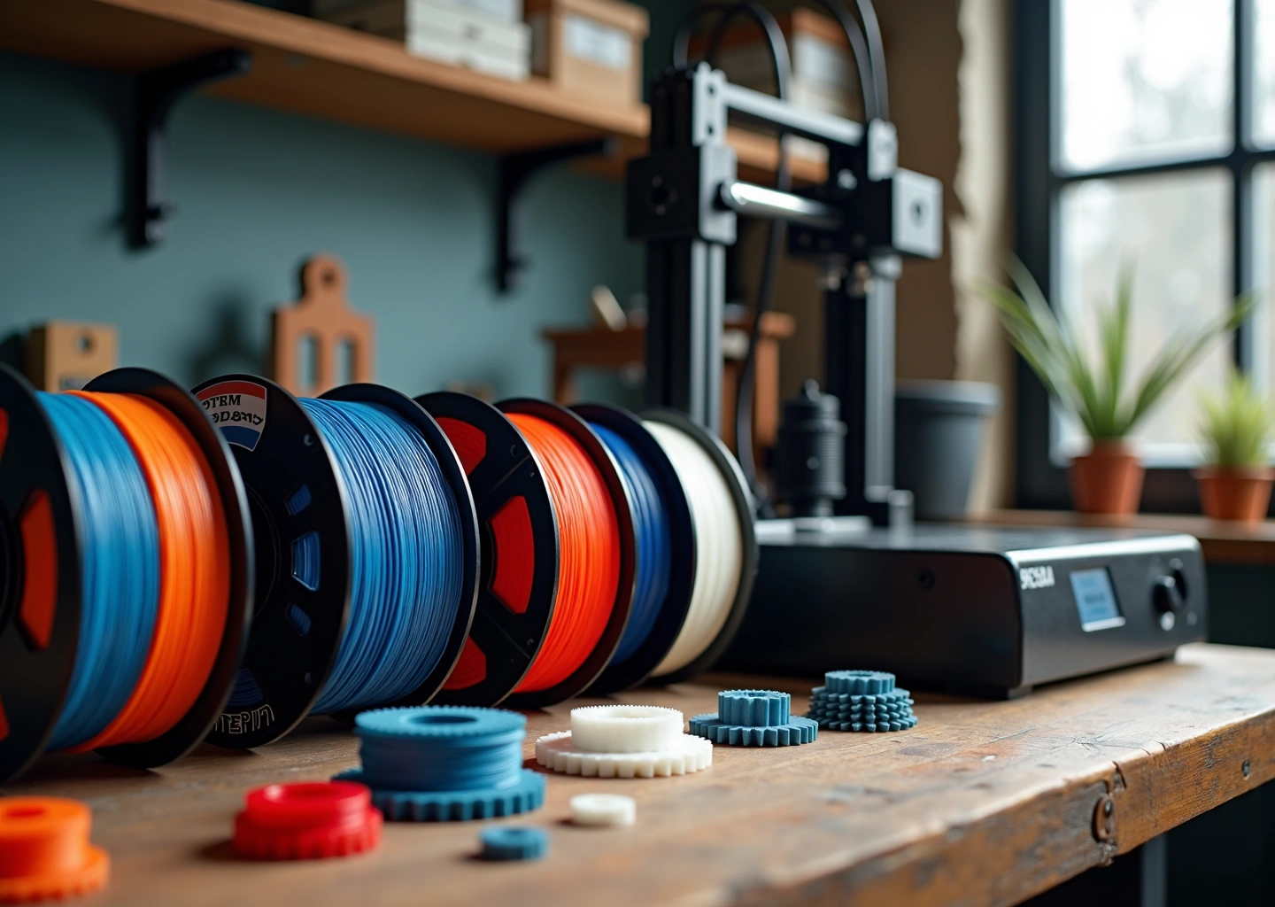 Катушки цветных филаментов с кириллическими этикетками на рабочем столе рядом с 3D‑принтером и напечатанными прототипами
