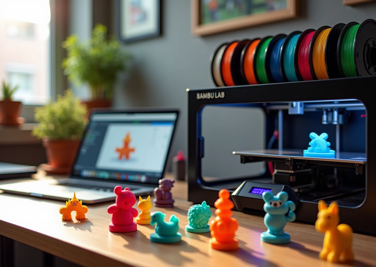 Мастерская с Bambu Lab AMS и 3D‑принтером, разноцветные напечатанные фигурки на столе и катушки филамента