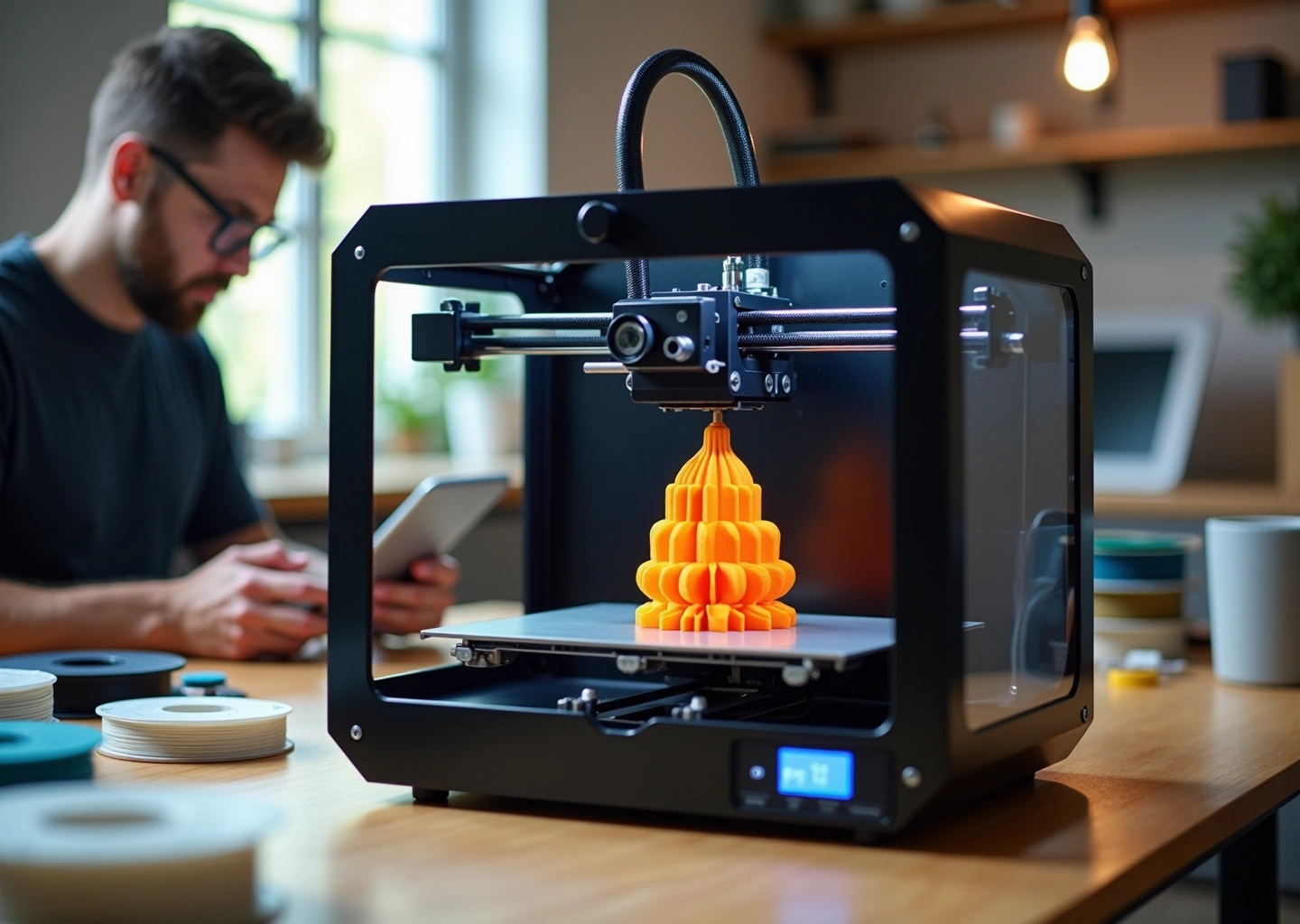 Двухэкструдерный 3D‑принтер в мастерской печатает многоцветную многоматериальную деталь с растворимыми опорами, предприниматель контролирует процесс