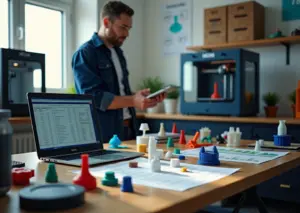 Мастерская по 3D‑печати с принтерами, распечатанными деталями, ноутбуком с расчётами и рабочими материалами, символизирующими переход от хобби к бизнесу