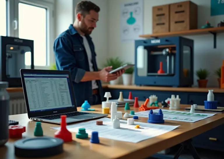 Мастерская по 3D‑печати с принтерами, распечатанными деталями, ноутбуком с расчётами и рабочими материалами, символизирующими переход от хобби к бизнесу