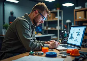 Частично собранный 3D‑принтер из кит‑набора на рабочем столе в мастерской, рядом ноутбук с инструкцией и катушки филамента