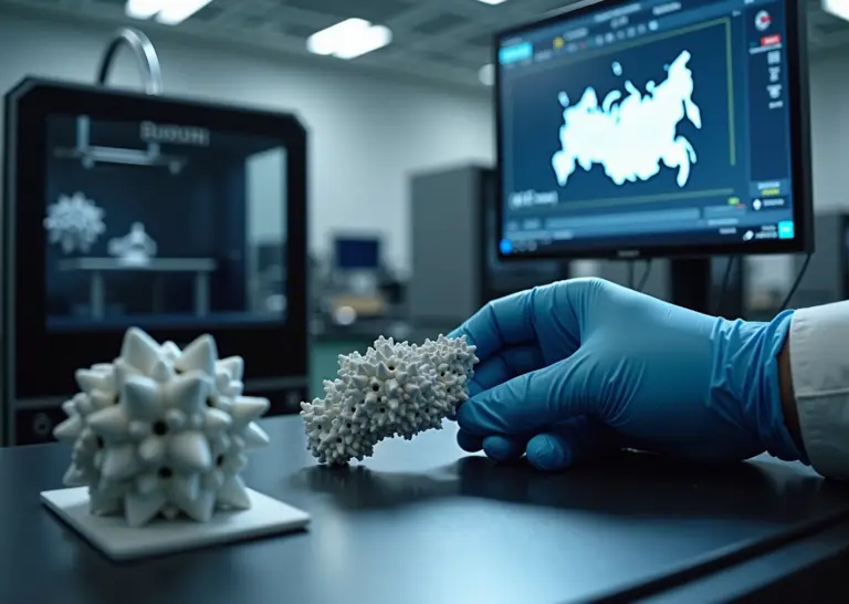 Мастерская 3D‑печати в России с промышленным и настольными принтерами, инженер проверяет напечатанную деталь на фоне экрана с цифровой моделью и картой России.