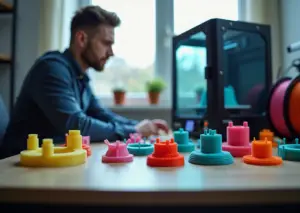 Рабочая 3D‑студия с напечатанными деталями, катушками филамента и оператором у принтера, иллюстрирующая оптимизацию затрат