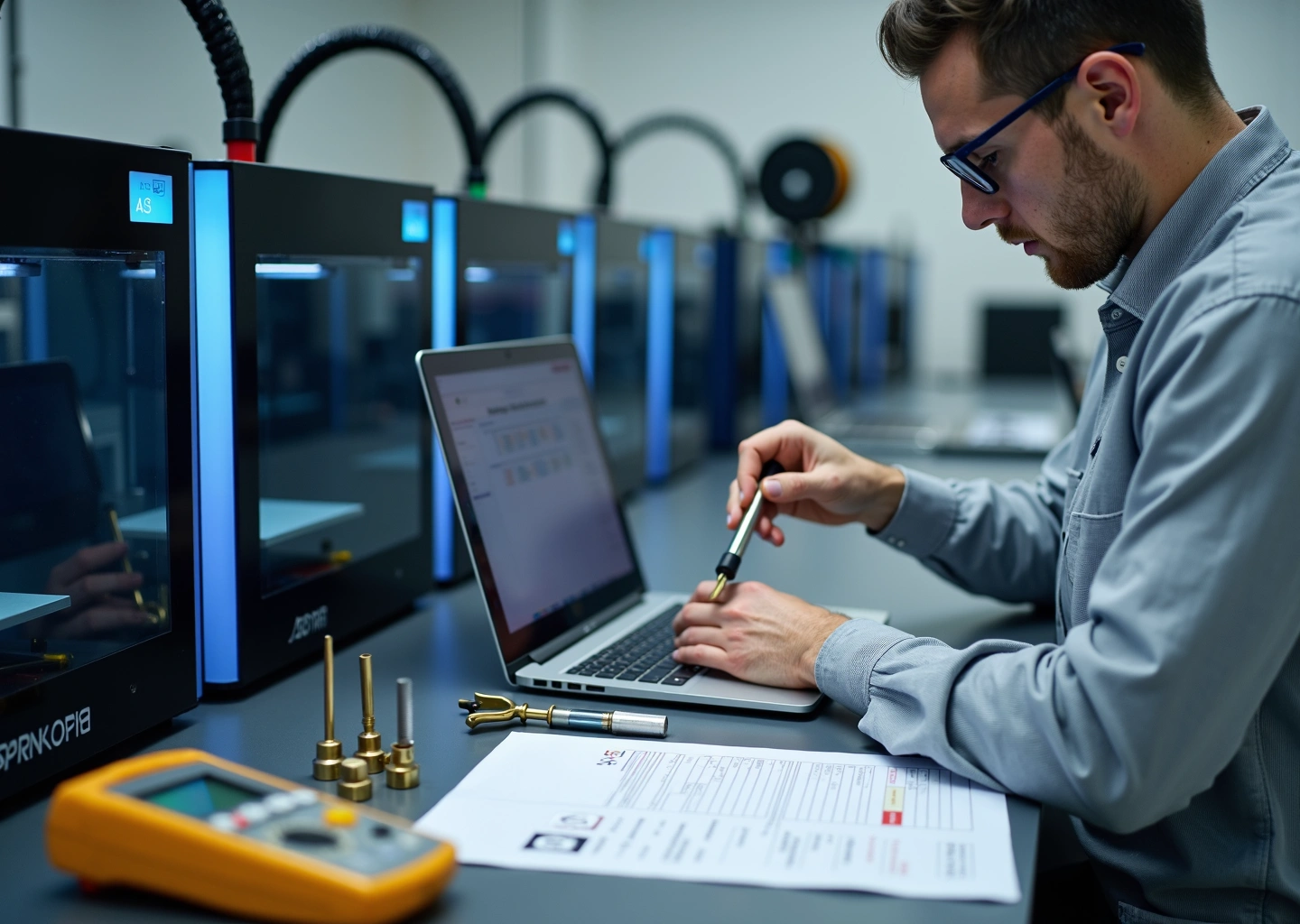 Техник обслуживает 3D‑принтер в мастерской: рядом катушки филамента, запасные сопла и распечатанный чек‑лист