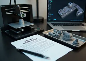3D‑принтер печатает детали, рядом распечатанный шаблон договора, ноутбук с CAD‑файлом и штангенциркуль на столе