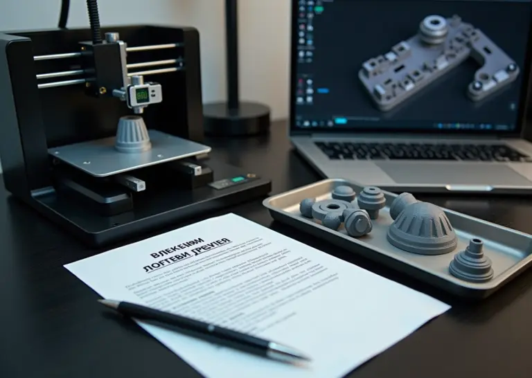 3D‑принтер печатает детали, рядом распечатанный шаблон договора, ноутбук с CAD‑файлом и штангенциркуль на столе