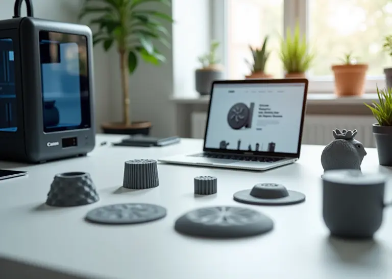 Студийный рабочий стол с 3D‑принтером, печатными образцами и ноутбуком с открытым портфолио