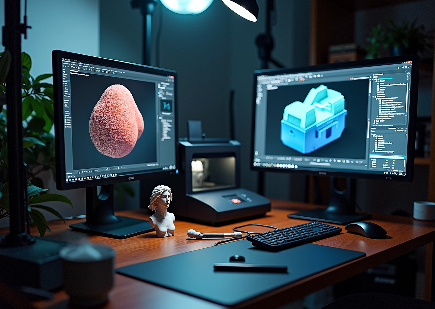 Рабочее место с мониторами где видны ZBrush и Blender, напечатанные органические модели и 3D‑принтер