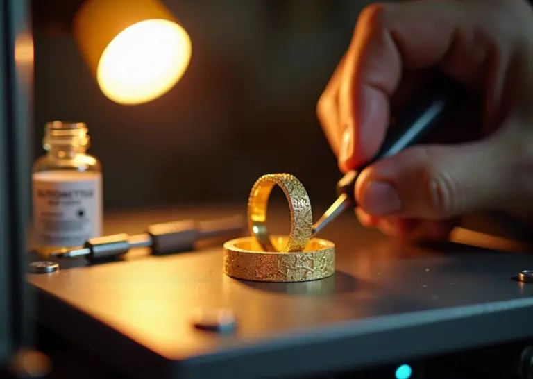 3D‑принтер SLA с напечатанным выжигаемым кольцом на поддержках, флакон выжигаемой смолы и мастер, полирующий отлитое золотое кольцо в мастерской
