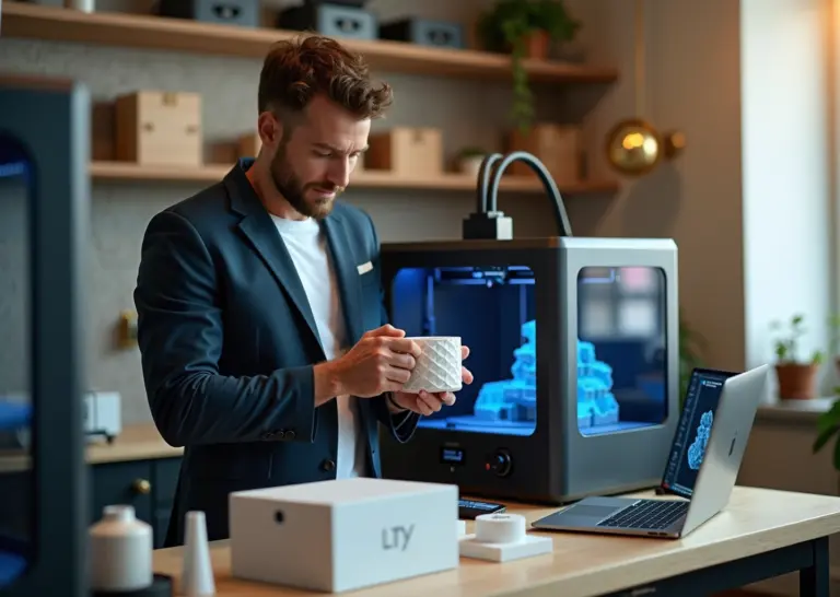 Студия 3D‑печати с принтерами, готовыми брендовыми изделиями и упаковкой, предприниматель проверяет деталь на фоне ноутбука с 3D‑моделью