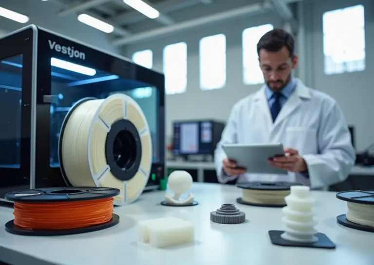 Мастерская 3D‑печати с катушками Nylon PC PEEK, промышленным принтером и напечатанными функциональными деталями