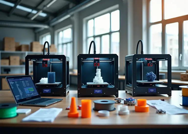 Фотография трёх 3D‑принтеров (CoreXY, D‑Bot, Prusa‑style) на верстаке в мастерской, напечатанные детали, ноутбук с слайсером и катушки филамента