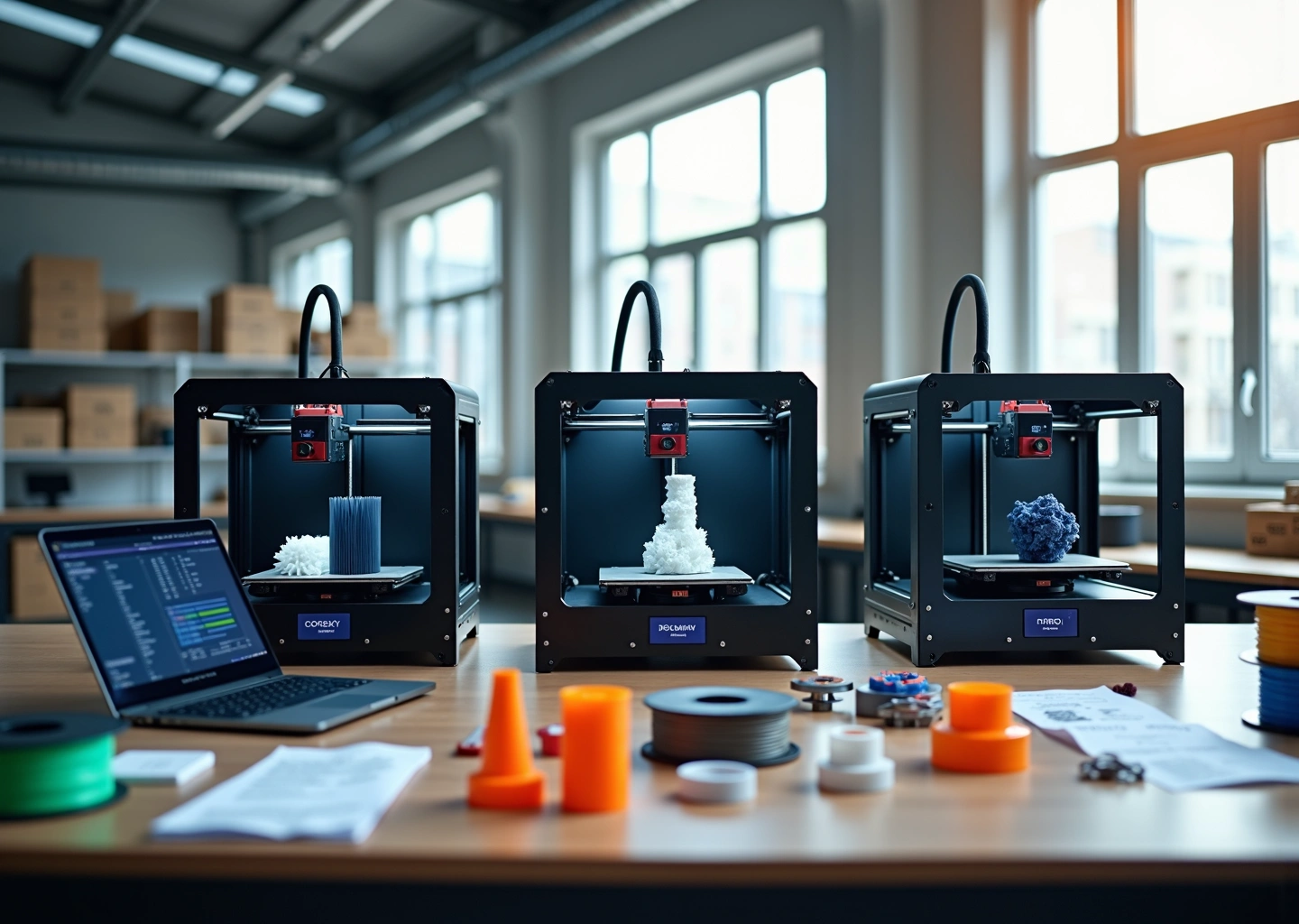 Фотография трёх 3D‑принтеров (CoreXY, D‑Bot, Prusa‑style) на верстаке в мастерской, напечатанные детали, ноутбук с слайсером и катушки филамента