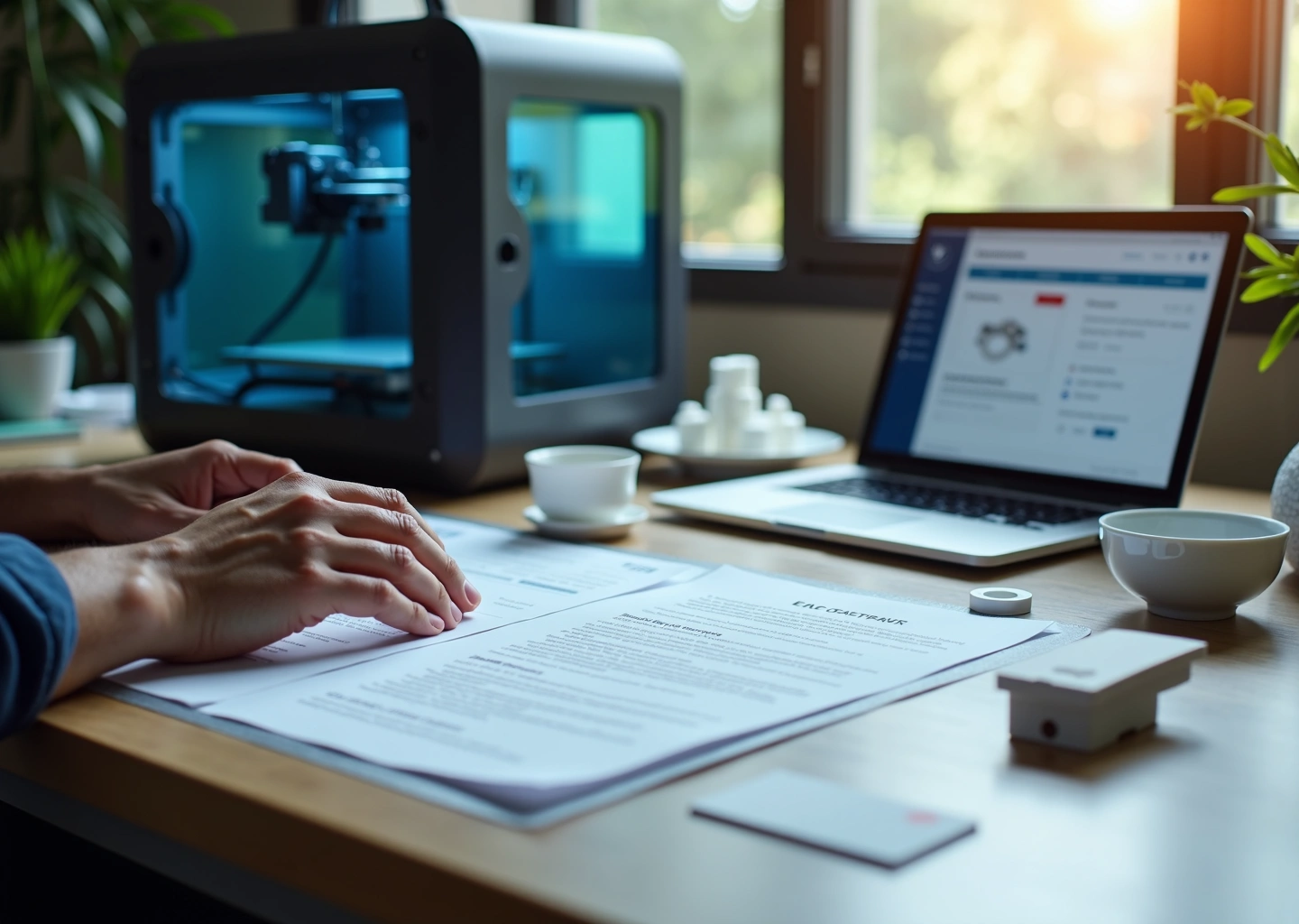 Мастер 3D‑печати в мастерской рядом с 3D‑принтером, на столе сертификаты с маркировкой EAC, ноутбук с интернет‑магазином и касса