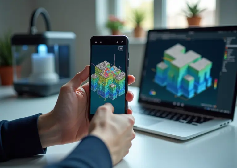 Смартфон с визуализацией облака точек сканируемого объекта, 3D‑принтер с напечатанной деталью и ноутбук с программой обработки