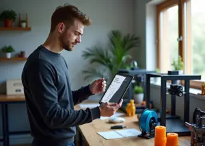 Предприниматель в мастерской 3D‑печати держит планшет с приложением онлайн‑кассы и чек на фоне 3D‑принтеров и напечатанных изделий