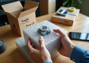 Рабочий стол: упаковка 3D‑печатного изделия в пузырчатую плёнку и пенопластовую вкладку, весы, рулетка и наклейка «Хрупкое» на коробке