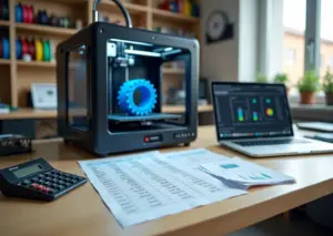 3D-принтер в мастерской рядом с калькулятором, таблицей расчётов и запчастями для принтера, показывающий сочетание производства и учёта расходов