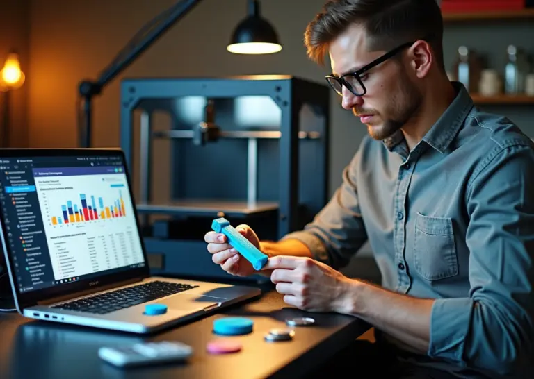 Интерьер небольшой студии 3D‑печати: принтеры, распечатанные детали, ноутбук с финансовой таблицей и монеты рублей