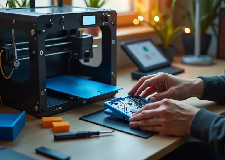 Фотореалистичное фото: 3D‑принтер печатает корпус для электроники, рядом плата, штангенциркуль и образцы напечатанных деталей; мастер проверяет посадку платы в корпус