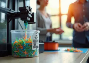 Рабочая мастерская 3D-печати: катушка переработанного филамента, измельчённые пластиковые отходы и компактный экструдер на фоне принтера