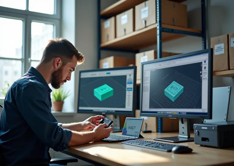 Мастерская малого бизнеса: монитор с FreeCAD и параметрической моделью, 3D‑принтер и напечатанные детали, инженер измеряет деталь