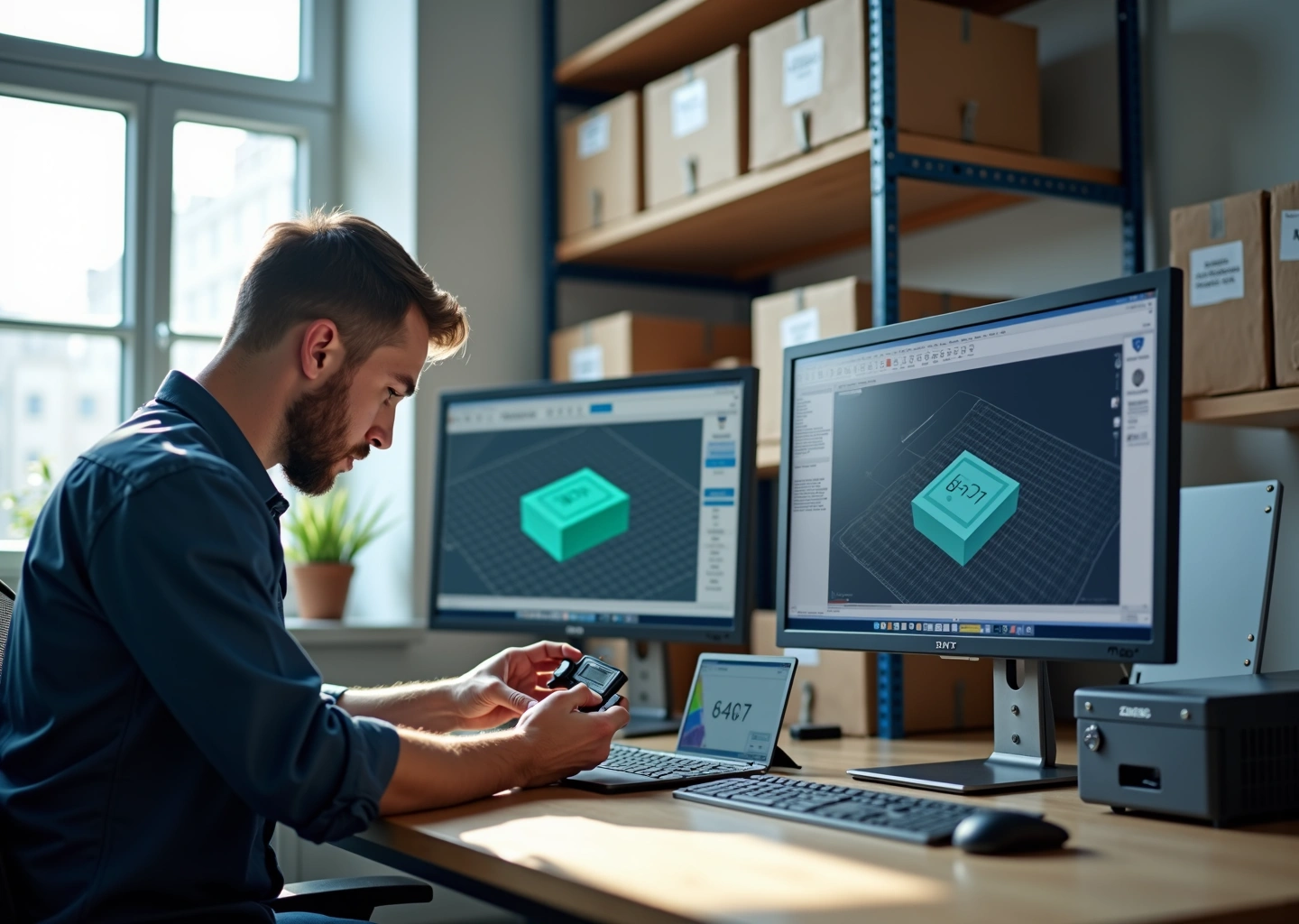 Мастерская малого бизнеса: монитор с FreeCAD и параметрической моделью, 3D‑принтер и напечатанные детали, инженер измеряет деталь