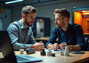 Мастерская 3D‑печати: принтеры, напечатанные прототипы, ноутбук с CAD и основатели обсуждают модель