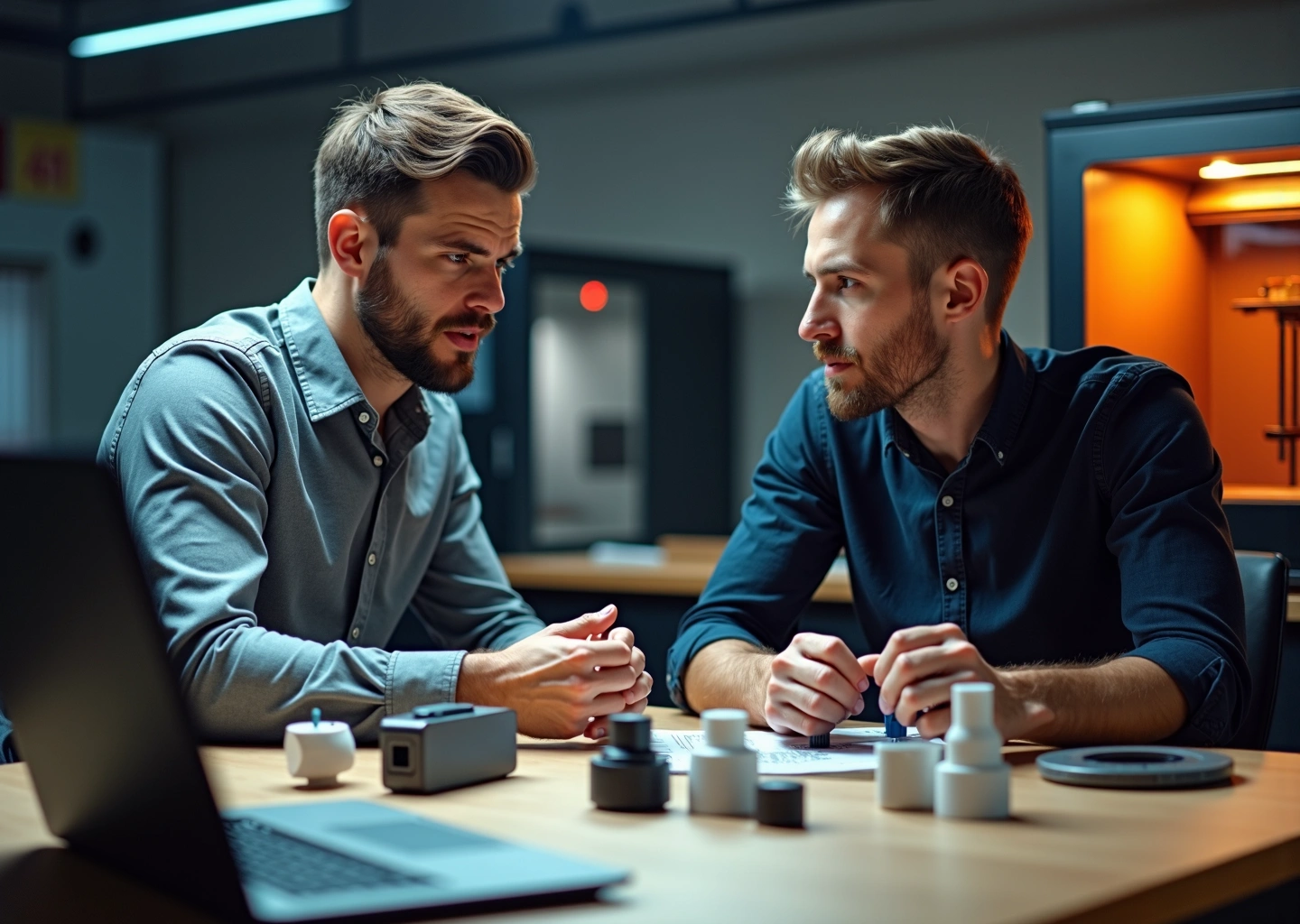 Мастерская 3D‑печати: принтеры, напечатанные прототипы, ноутбук с CAD и основатели обсуждают модель