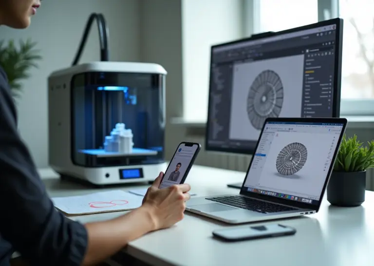 Рабочая станция бизнеса на 3D‑печати: 3D‑принтер, ноутбук с CAD‑моделью и материалы для взаимодействия с фрилансером
