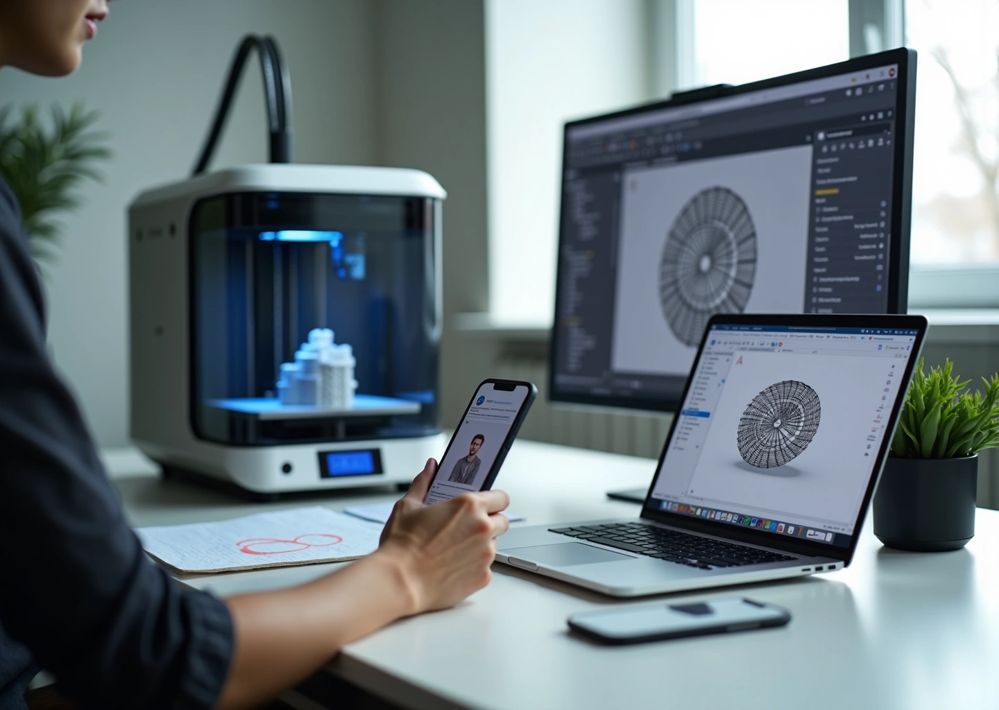 Рабочая станция бизнеса на 3D‑печати: 3D‑принтер, ноутбук с CAD‑моделью и материалы для взаимодействия с фрилансером