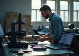 Мастерская 3D‑печати с печатающимся карбоновым изделием, образцами стекловолокна и ноутбуком с CAD