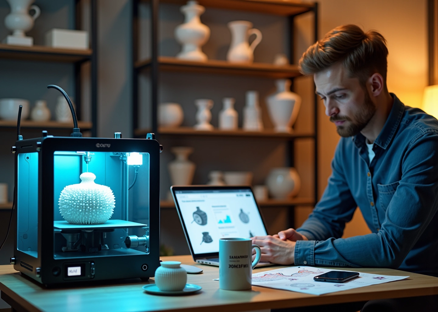 Фотореалистичное изображение мастерской 3D‑печати: 3D‑принтер и напечатанный прототип на переднем плане, основатель проекта смотрит на ноутбук с графиками маркетинга, на заднем плане полки с образцами и заметки, рабочая атмосфера.