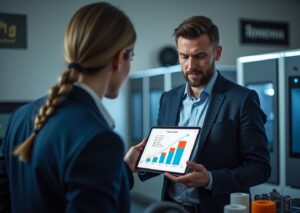 Владелец 3D‑мастерской с планшетом сравнивает ценники и образцы печатных деталей на фоне работающих 3D‑принтеров