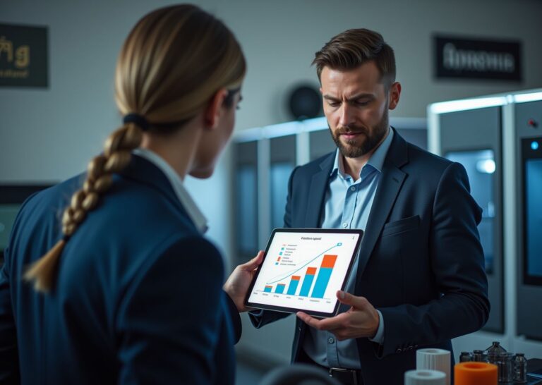 Владелец 3D‑мастерской с планшетом сравнивает ценники и образцы печатных деталей на фоне работающих 3D‑принтеров