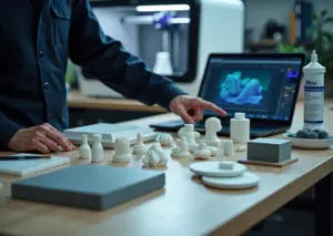 Рабочий стол мастерской с 3D‑напечатанными мастер‑моделями, SLA‑принтером, инструментами для постобработки и силиконовыми формами